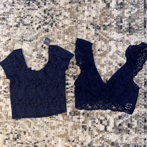 AERIE Blue Eyelash Lace Plunge Bralette‎ Crop Top M & Abercrombie & Fitch Crop S